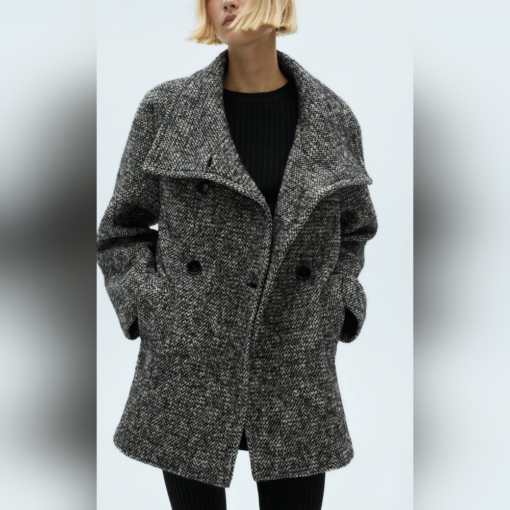 Mango Women's Mottled Double-Breasted Black & White Tweed Pea Coat - Picture 2 of 8